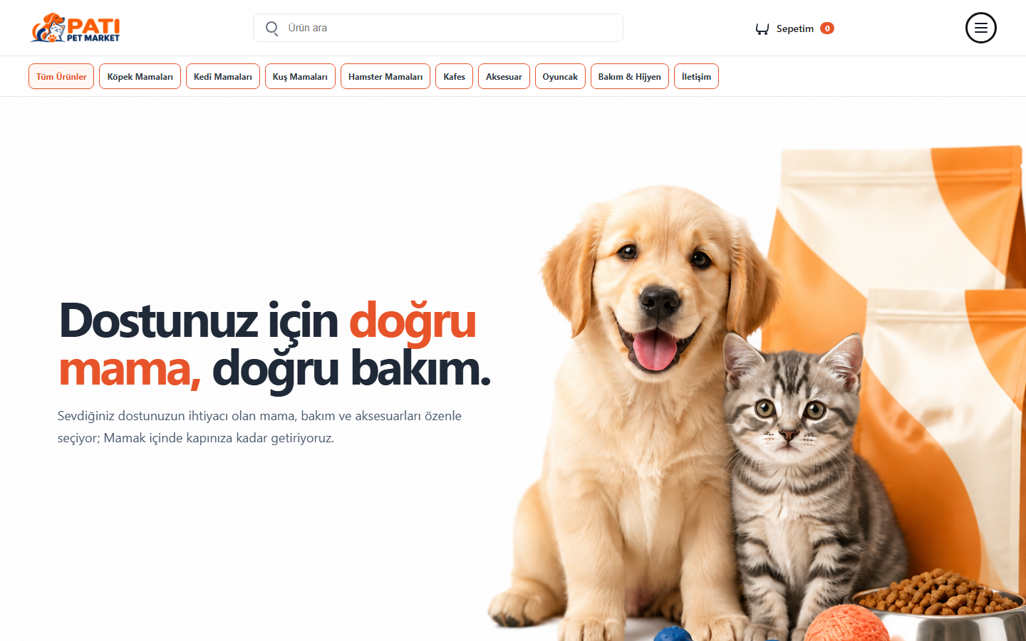 Pati Pet Market web sitesi ekranı