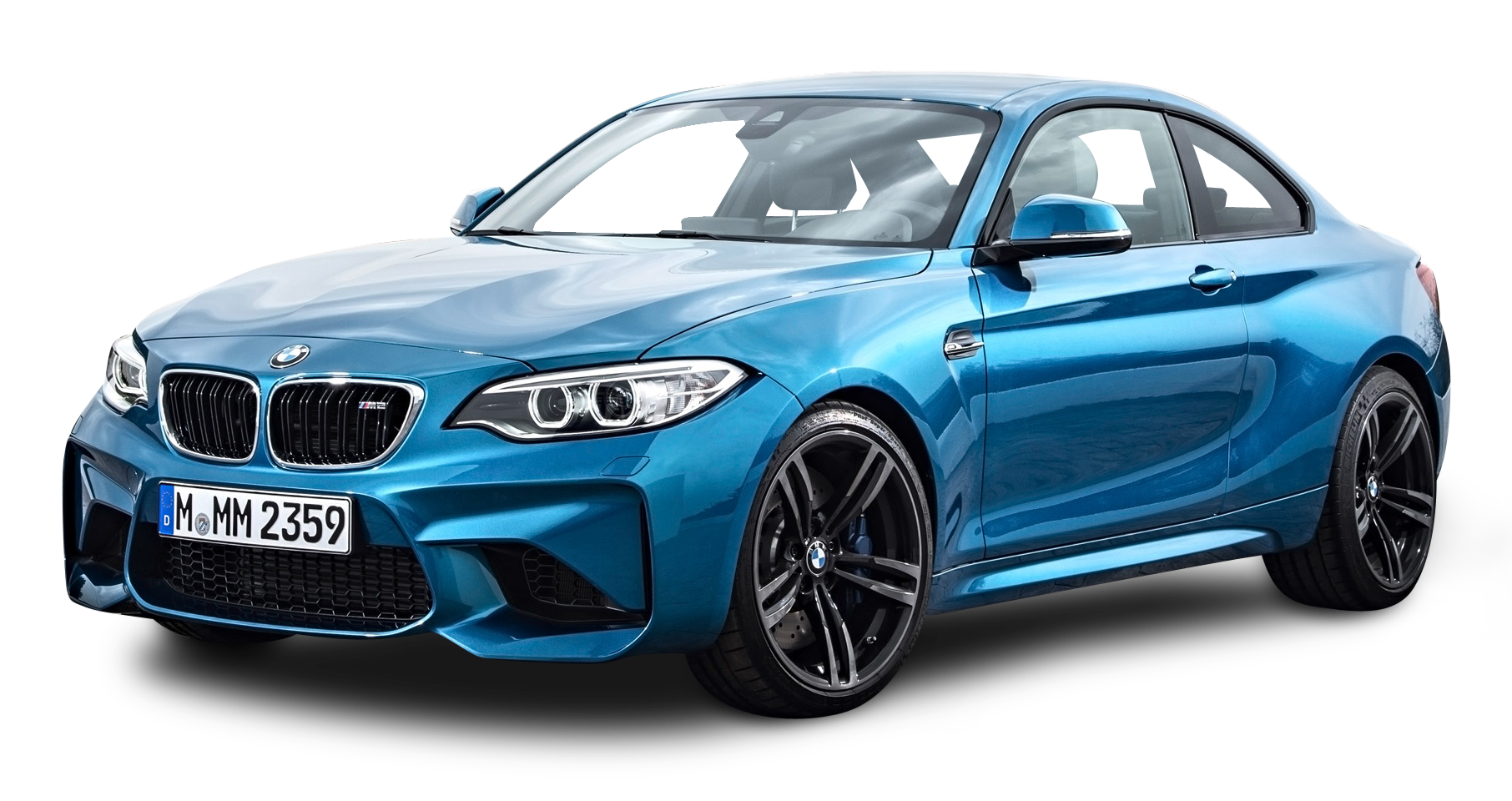 Metalik mavi BMW M2, perspektif yol üzerinde